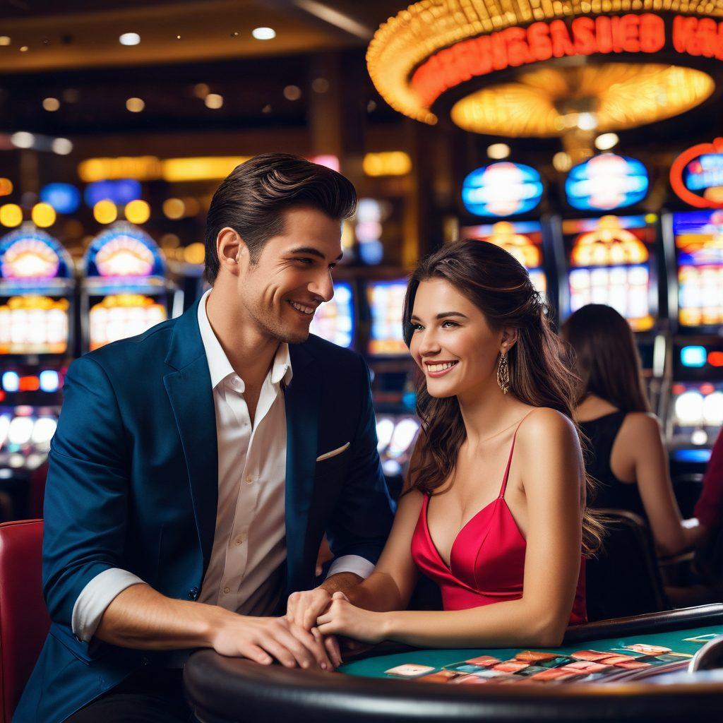 A captivating scene featuring a romantic couple at a casino, surrounded by glowing slot machines and poker tables, intertwined in a playful yet competitive atmosphere. The background is filled with bright neon lights, highlighting their joyous expressions as they engage in a friendly bet. Wisps of magical sparkles float around them, symbolizing the enchanting blend of love and chance. The color palette is rich and vibrant, evoking excitement and warmth. super-realistic. vibrant colors. neon lights.