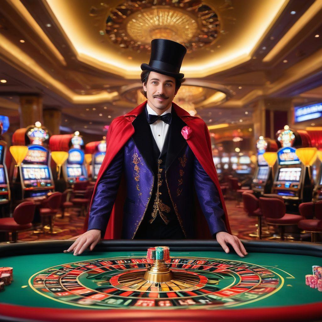 A whimsical scene depicting a magician casting a spell with shimmering hearts and lucky charms floating around in a vibrant casino setting. Inclusion of playful casino elements like spinning roulette wheels, sparkling slot machines, and clinking poker chips, all infused with a magical glow. The atmosphere should feel enchanting and lucky, combining elements of love and fortune. Bright and colorful ambiance that invites excitement. vibrant colors. magical realism.