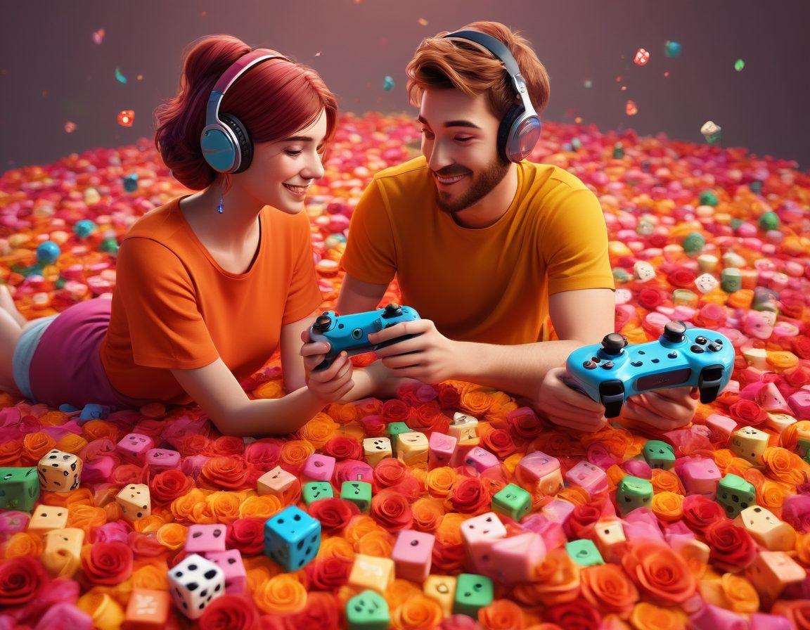 A whimsical scene depicting a couple playing video games together, surrounded by vibrant floating hearts and dice representing luck. One player, with a focused expression, is holding a controller, while the other is joyfully cheering them on. The background features a blend of romantic elements like roses interwoven with gaming icons like consoles and avatars. The color palette is a mix of warm tones and energetic hues. 3D. vibrant colors.